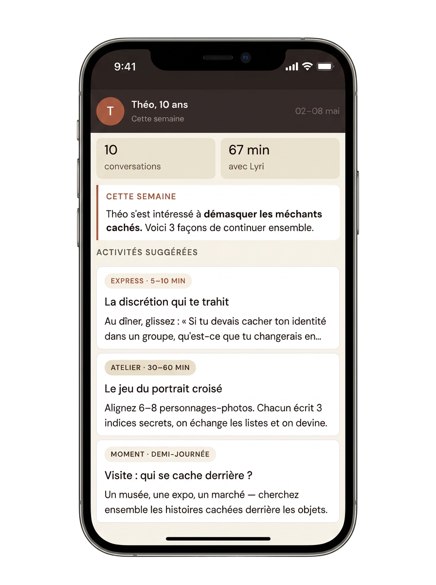 Aperçu de l'application parentale Lyri avec suggestions d'activités